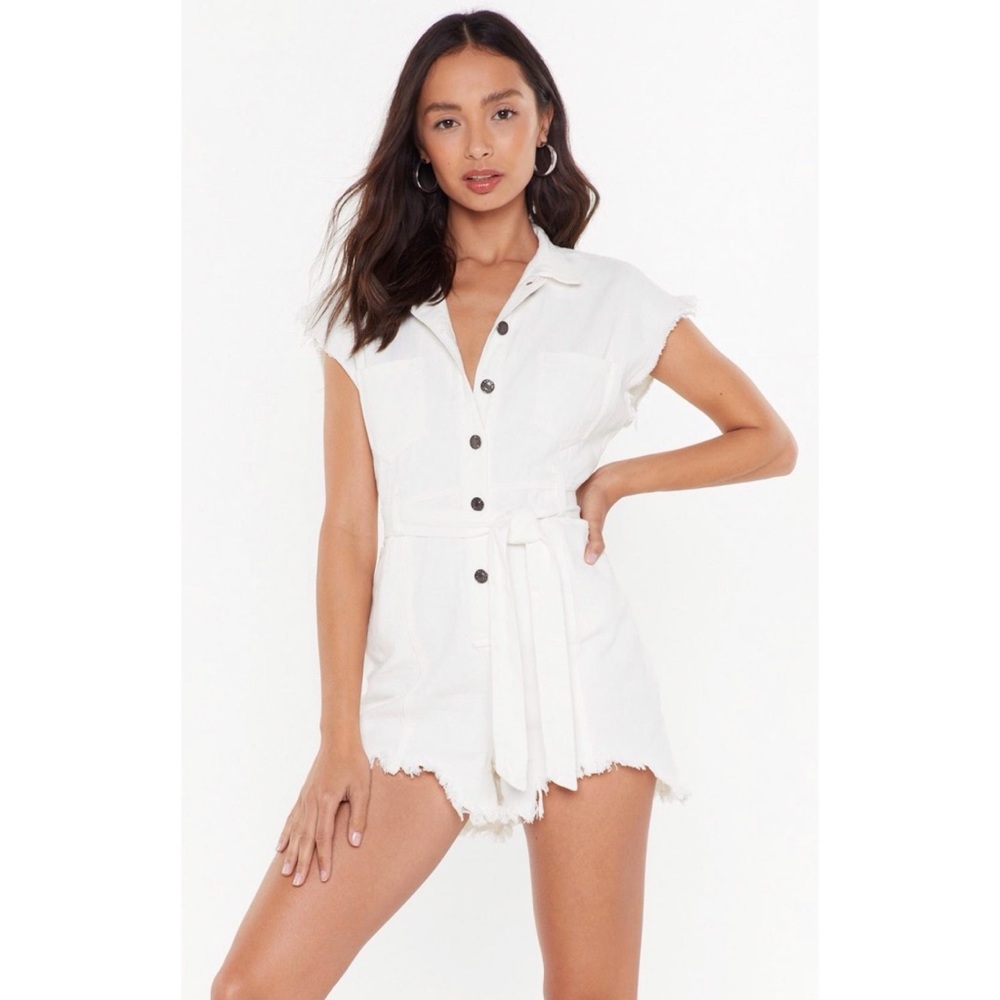 LET THE MUSIC FRAY DENIM BUTTON-DOWN ROMPER